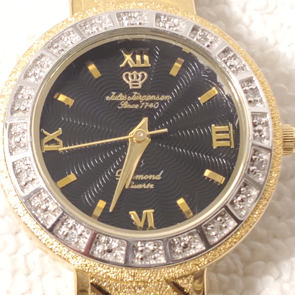 Vintage Jules Jurgensen Women Gold Plated Diamonds Bezel Watch Black Dial 1J SS